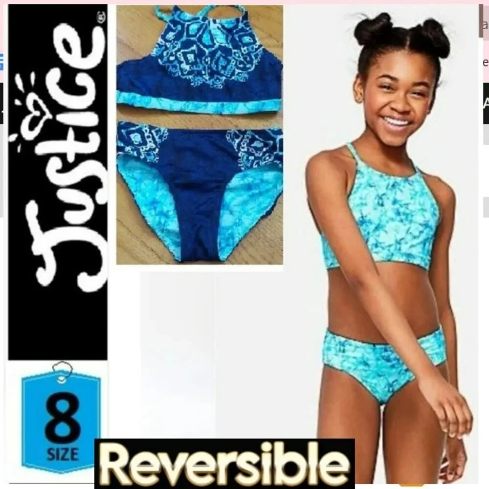 🎁 10/$25 Justice reversible swimsuit, size 8 blue bikini, tye dye batik